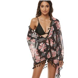 Women's Floral Chiffon Beach Cover Up Sheer Fringe Hem Swimwear One Size